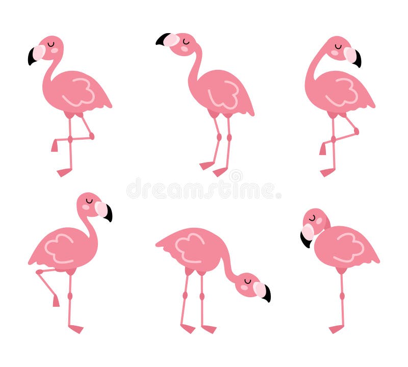 Cute Cartoon Pink Flamingo Set. Exotic Birds in Different Poses Stock ...