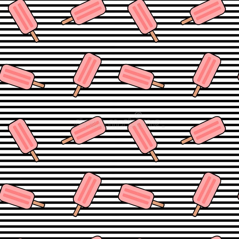 Cute cartoon pink ice cream on black and white stripes seamless pattern background illustration