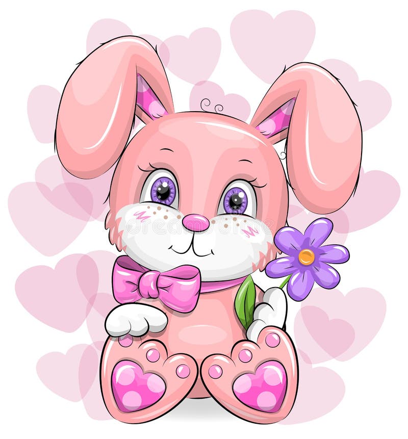 Cute Cartoon Pink Rabbit with Purple Flower. Stock Vector ...