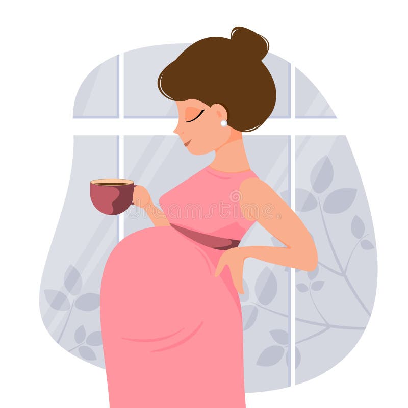 Cute Cartoon Pregnant Woman in Dress Holds a Cup of Tea or Coffee. Stock  Vector - Illustration of drink, window: 226881493