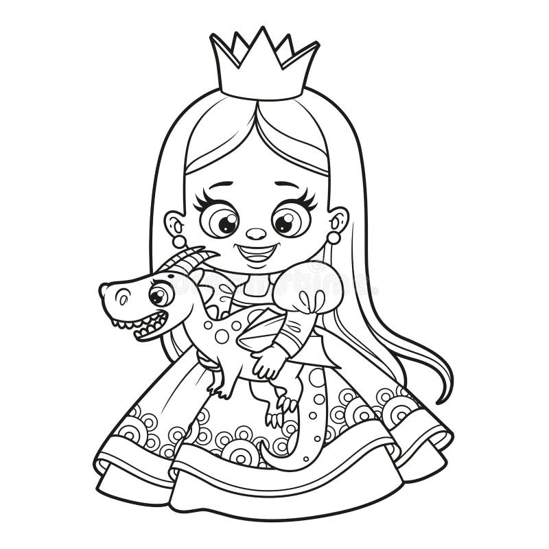 Cute Cartoon Princess with a Soft Toy Dragon Outline Drawing for Coloring  on a White Stock Vector - Illustration of drawing, fashion: 242103882