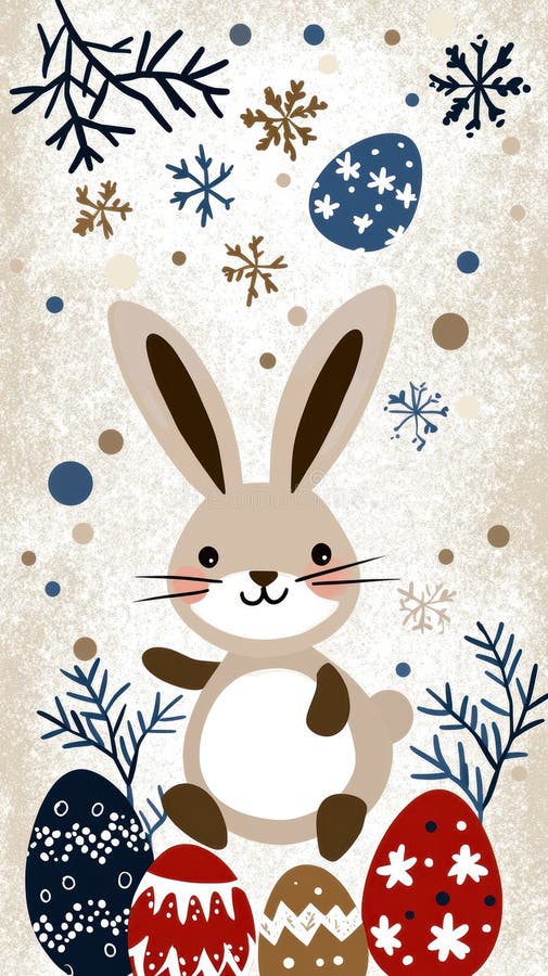 Cute Cartoon Rabbit with Easter Eggs and Snowflakes in a Playful Winter Scene Illustration royalty free illustration