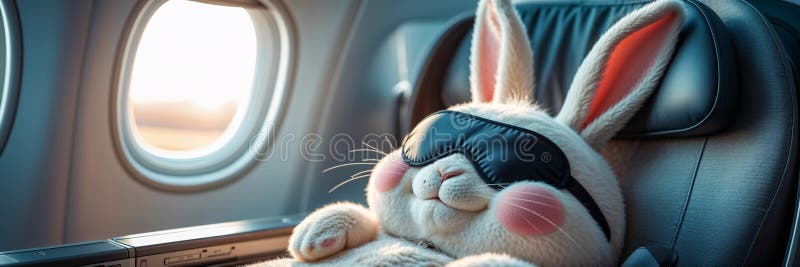 Cute cartoon rabbit sleeps with sleep mask on plane vector illustration