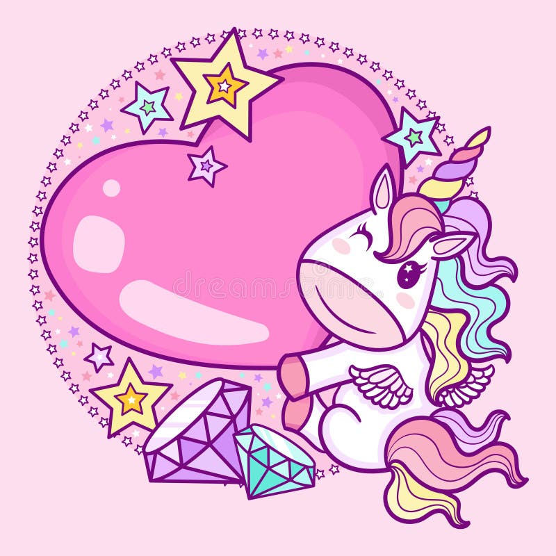 Cute cartoon rainbow unicorn holding a heart. Circular composition on a pink background. For children&#x27;s design of prints, posters, cards, stickers, badges. Vector. Cute cartoon rainbow unicorn holding a heart. Circular composition on a pink background. For children&#x27;s design of prints, posters, cards, stickers, badges. Vector