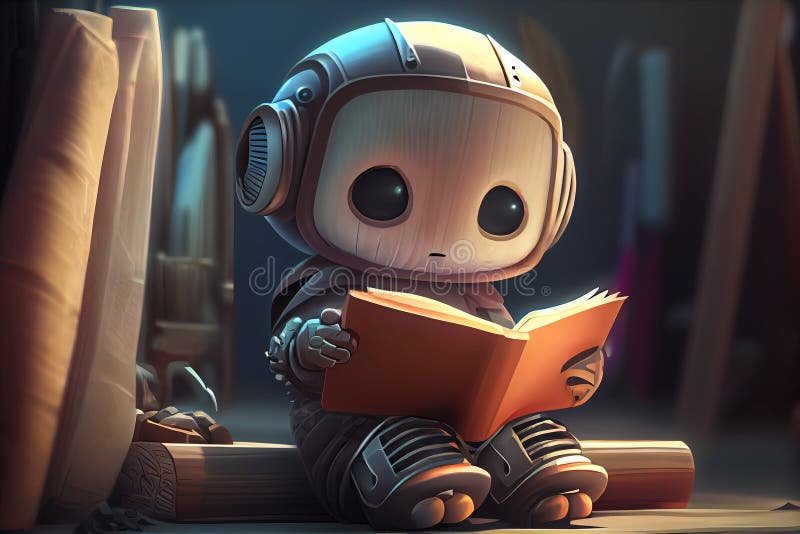 Cute cartoon robot reading a book. Chatbot, friendly support service assistant. Kids cartoon robot, 3D render illustration