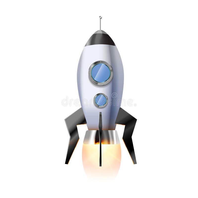 Cute cartoon rocket with illuminators and hot bright fire from nozzle, flying spaceship on white stock illustration