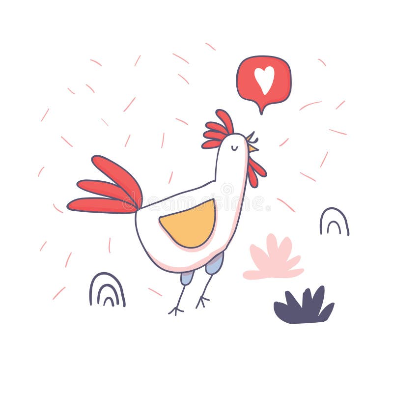 Cute cartoon rooster with love emoji doodle