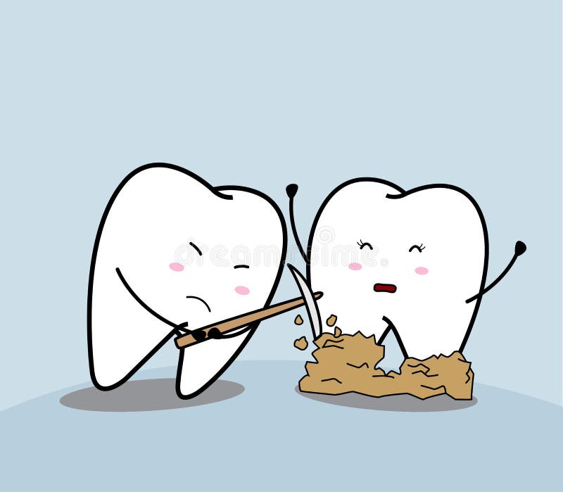 Cute cartoon sad tooth and bacterial plaque stock illustration