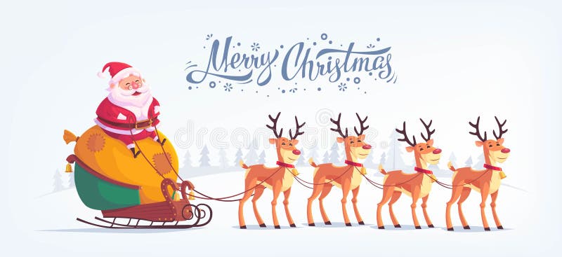 Cute cartoon Santa Claus riding reindeer sleigh Merry Christmas vector illustration Greeting card poster horizontal