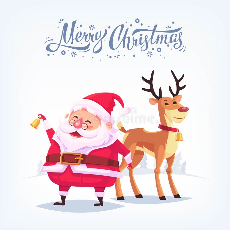 Cute cartoon Santa Claus ringing bell and funny reindeer Merry Christmas vector illustration Greeting card poster