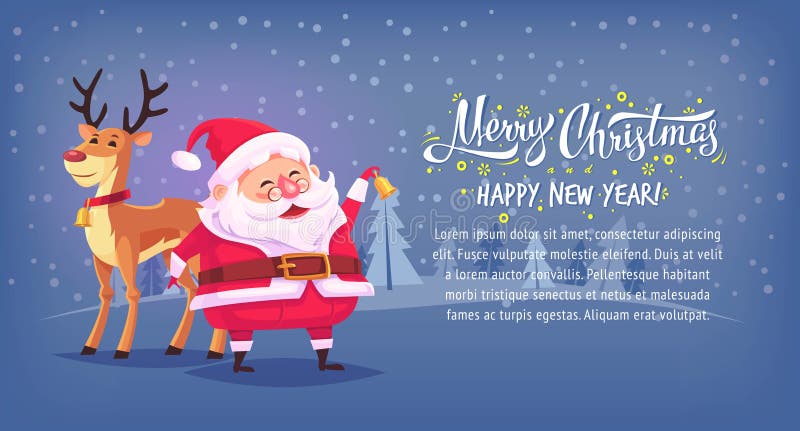 Cute cartoon Santa Claus ringing bell with reindeer Merry Christmas vector illustration horizontal banner