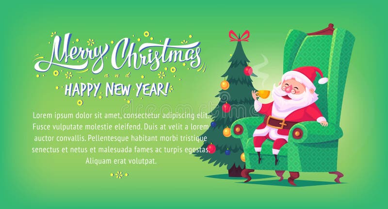 Cute cartoon Santa Claus sitting in chair drinking tea Merry Christmas vector illustration horizontal banner