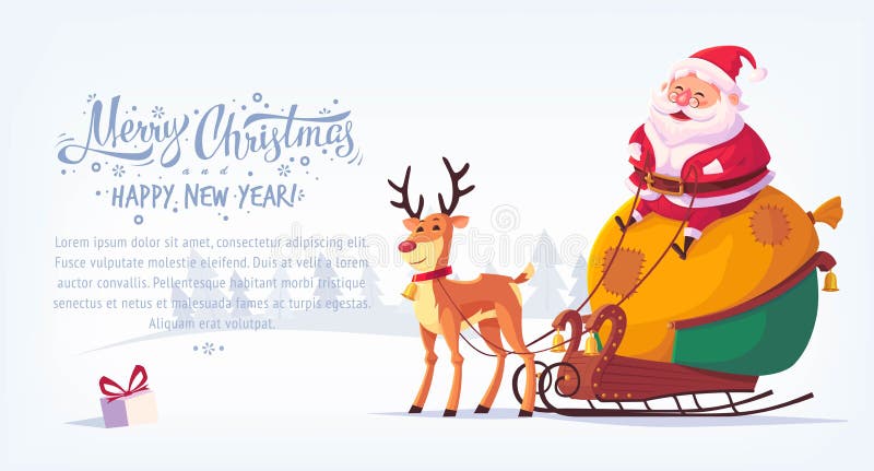 Cute cartoon Santa Claus sitting in sleigh with reindeer Merry Christmas vector illustration horizontal banner.