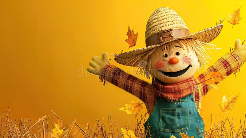 Cute Cartoon Scarecrow on a Yellow Background Stock Image - Image of