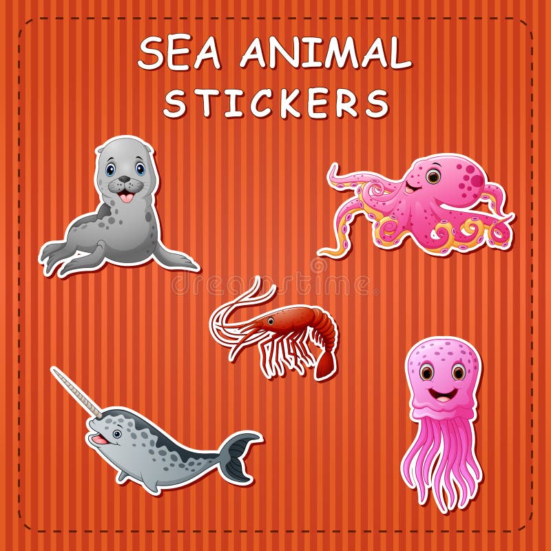 Cute cartoon sea animals on sticker royalty free illustration