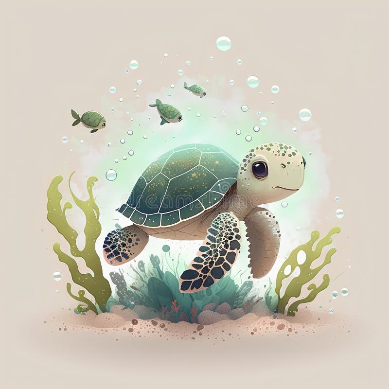 Cute Cartoon Sea Turtle with Corals and Seaweed. Vector Illustration ...