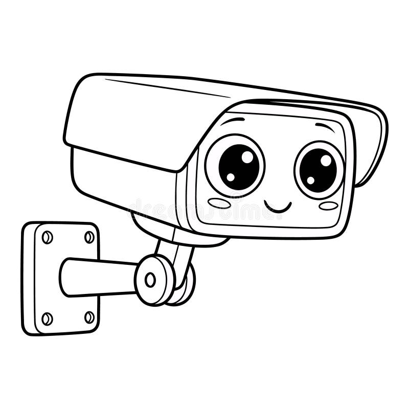 A charming black and white illustration of a security camera with a friendly, cartoonish face. The camera features large, expressive eyes and a gentle smile, giving it a playful appearance. The design is simple and clean, making it suitable for various applications, from educational materials to children's books or security-related designs. The image evokes feelings of safety, surveillance, and a touch of humor. Cartoon security camera vectors
