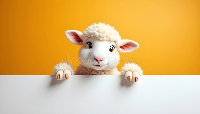 An adorable, fluffy white cartoon lamb character peeks over a clean, blank white sign, holding onto it with its cute little hooves. The lamb has a sweet, friendly smile and large, expressive eyes, set against a vibrant, solid orange background. This charming illustration offers ample copy space on the white board for custom text, messages, promotions, or advertisements. Perfect for children's books, educational materials, Easter greetings, farm animal themes, or any design needing a cute and cheerful animal mascot. Sweet lamb cartoon illustrations