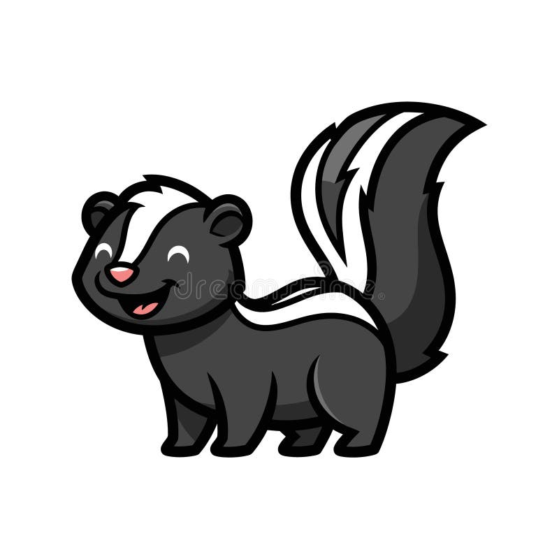 This charming vector illustration features a cute and friendly cartoon skunk, depicted in its classic black and white striped pattern. The adorable character is shown standing in a side profile with a happy, smiling expression, making it perfect for children's content. Its playful design is ideal for various projects such as kids' books, educational materials, animal-themed branding, mascots, nursery decor, or any design requiring a lovable woodland creature. The clean, crisp lines and vibrant appearance ensure versatility and appeal for a wide range of uses. Smiling skunk vectors