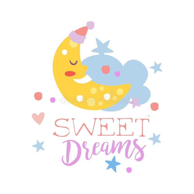 Cute Cartoon Sleeping Crescent and Cloud. Sweet Dreams Colorful Hand ...