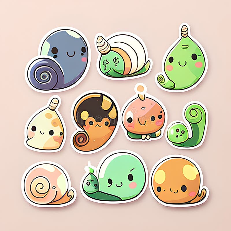 Cute Cartoon Snail Stickers Set. Vector Illustration of Cute Snail