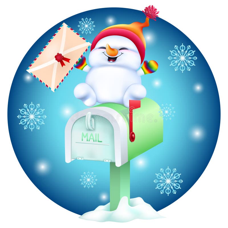 Cute cartoon snowman with postcard in hand on mailbox royalty free illustration