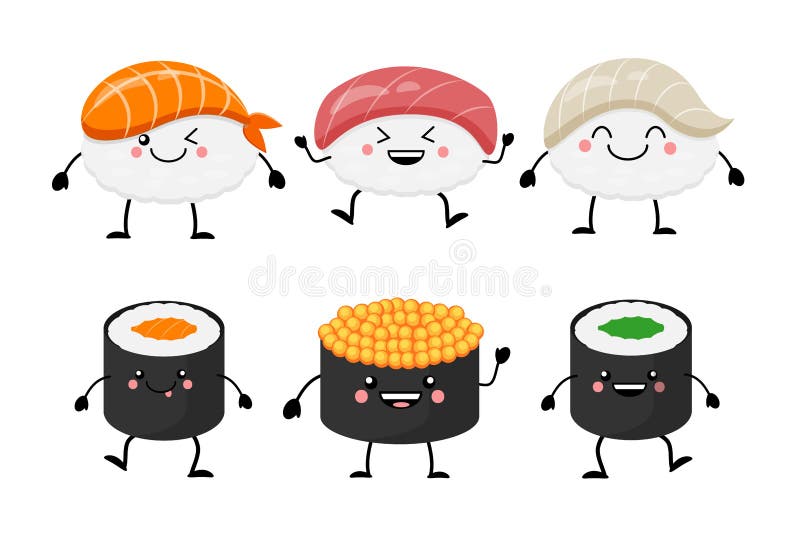 Cute cartoon sushi set characters. Kawaii sushi. Vector illustra stock illustration Cute cartoon sushi set characters. Kawaii sushi. Vector illustra stock illustration