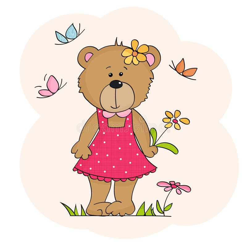Cute Cartoon Teddy Bear Girl with flower and butterflies royalty free illustration Cute Cartoon Teddy Bear Girl with flower and butterflies royalty free illustration