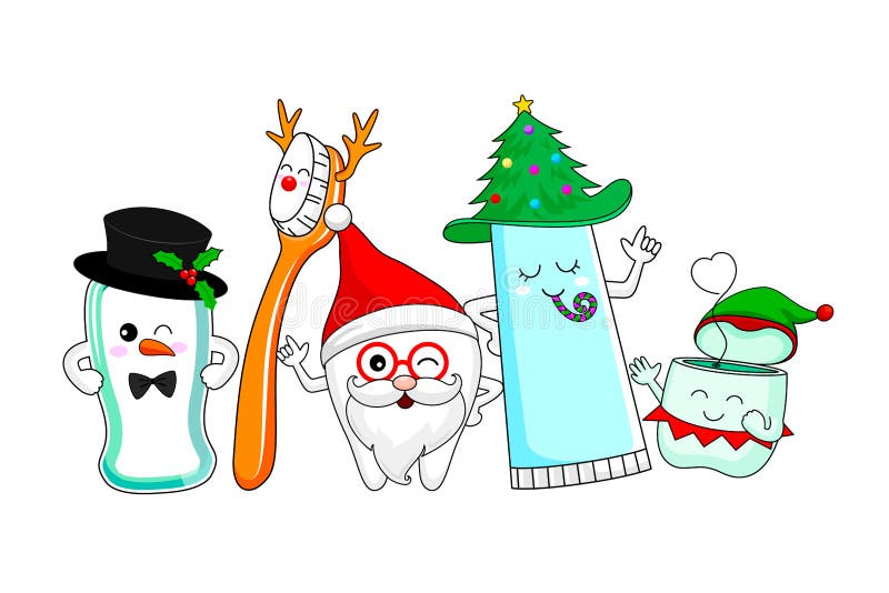 Cute cartoon tooth character with mouthwash, toothbrush, toothpaste and dental floss.