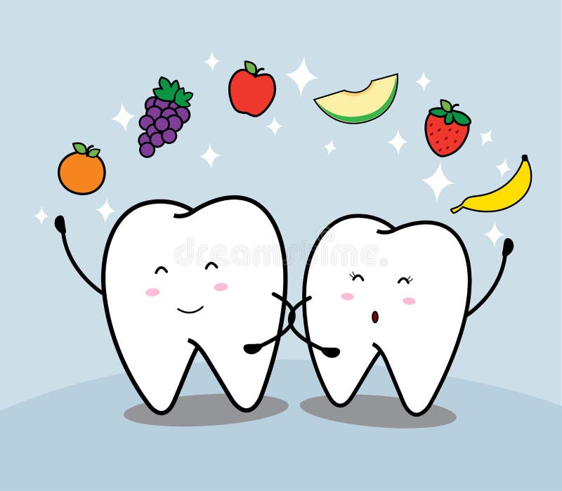 Cute cartoon tooth and fruit vector illustration