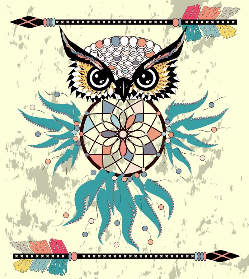 Cute Cartoon tribal Owl with feathers on a white background vector illustration Cute Cartoon tribal Owl with feathers on a white background vector illustration