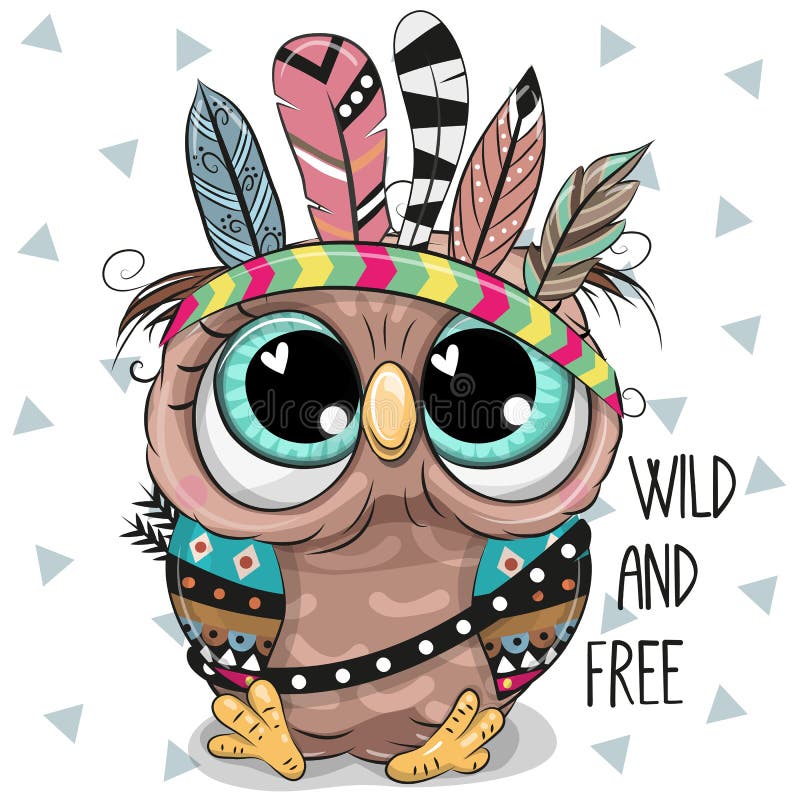 Cute Cartoon tribal Owl with feathers