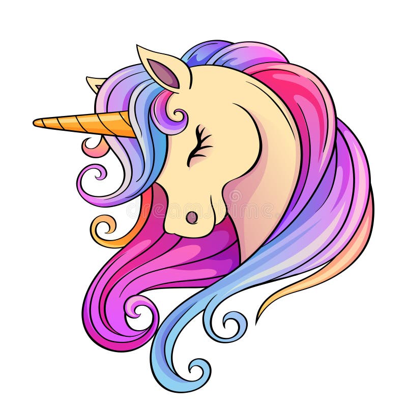 Cute cartoon unicorn head with rainbow mane