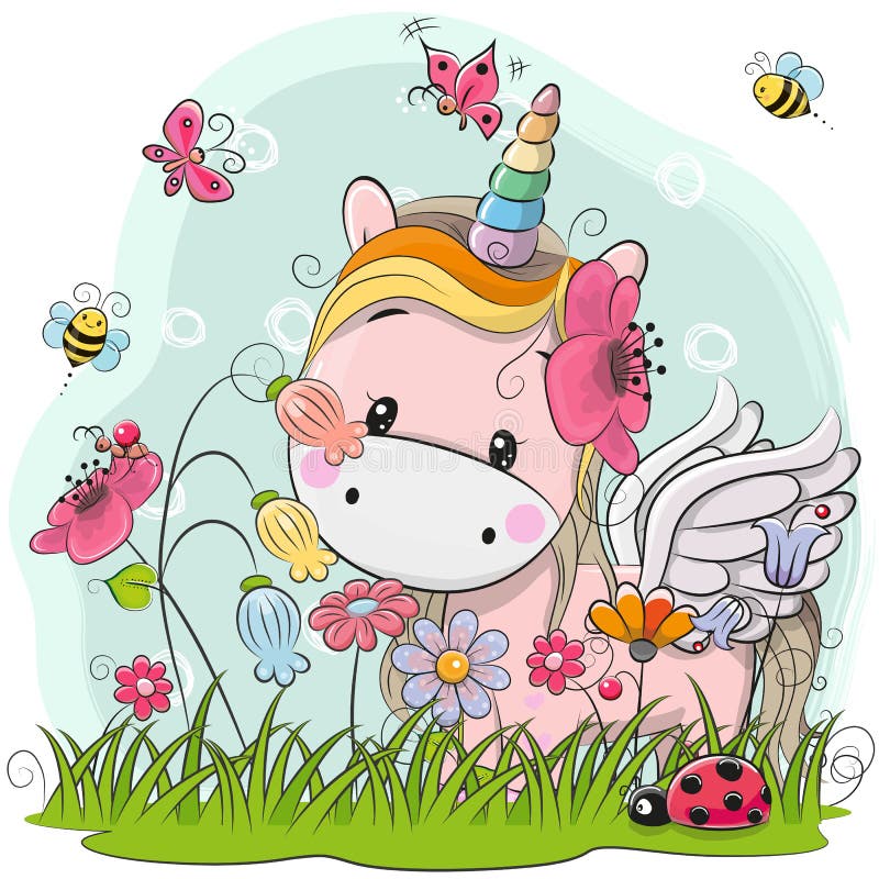 Cute Cartoon Kitt Unicorno su di un prato con fiori e farfalle.