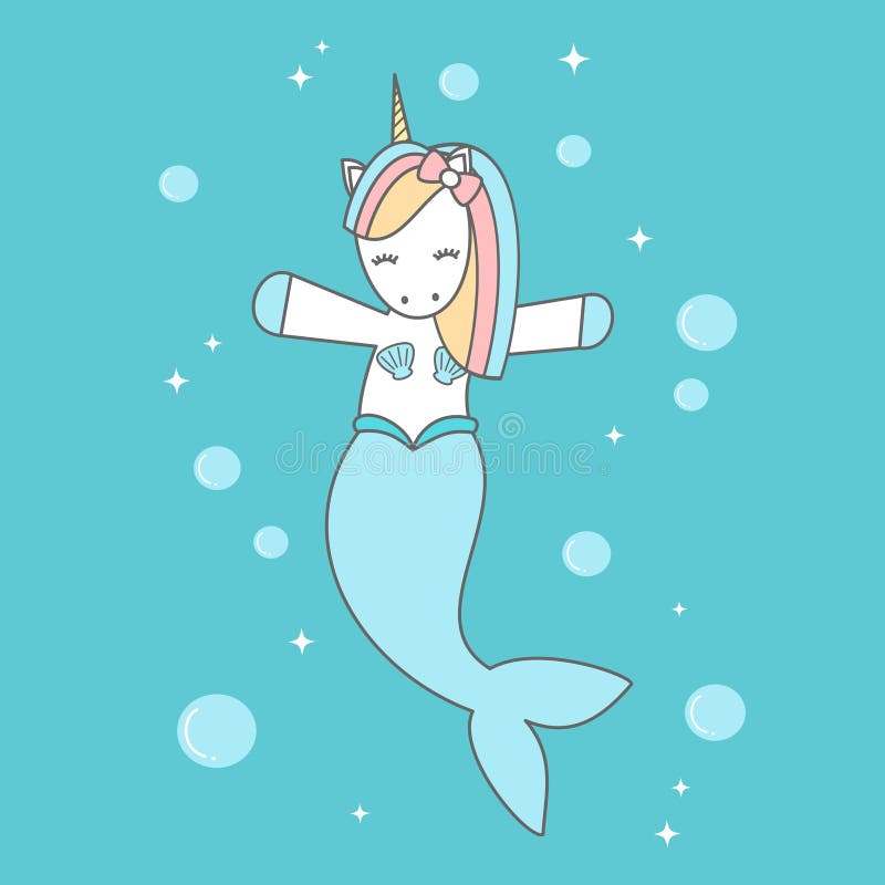 Cute Cartoon Unicorn  Mermaid  In The Sea Vector 