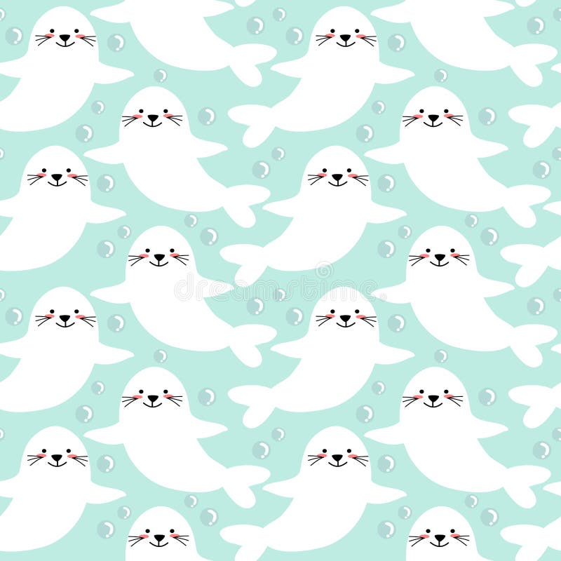 Cute cartoon, white seal, seamless pattern vector.