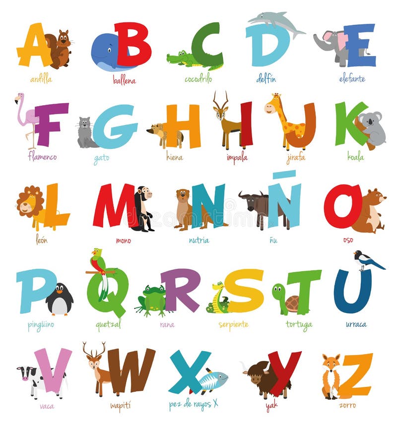 Cute Cartoon Zoo Illustrated Alphabet with Funny Animals. Spanish ...