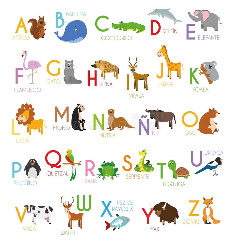 Cute Cartoon Zoo Illustrated Alphabet with Funny Animals. Spanish ...
