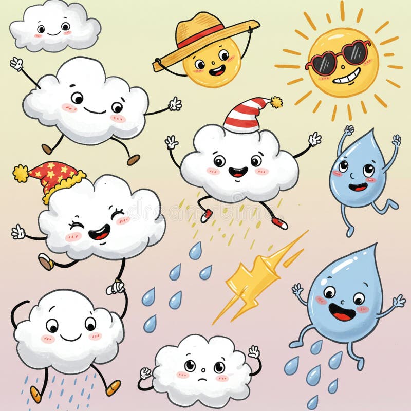 Cute cartoonstyle ilustracja przedstawiająca antropomorfizowane chmury suns ilustracja wektor