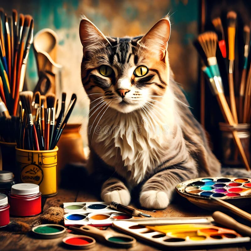 Carino gatto arte utensili Come pennelli un colori artistico antico stile.