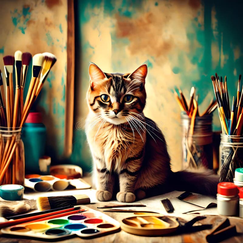 Carino gatto arte utensili Come pennelli un colori artistico antico stile.