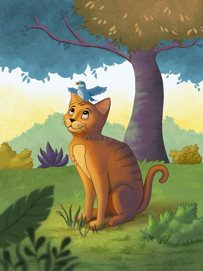 Cute cat and bird stock illustration. Illustration of friendship