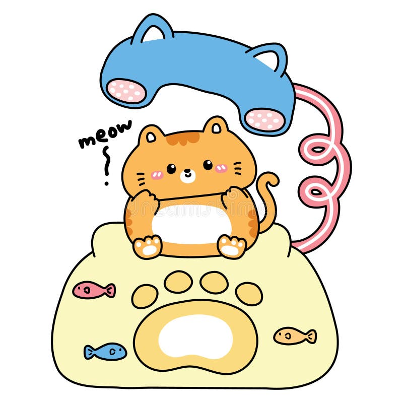 Cute cat bleiben auf klassischem Retro-TelefonschalterMeowKid GrafikFisch und Pfote. Cute cat Aufenthalt auf klassischem Retro-TelefonschreibtischMeowKid GrafikFisch und Pfow Hand gezeichnetTierchartoonVectorIllustration