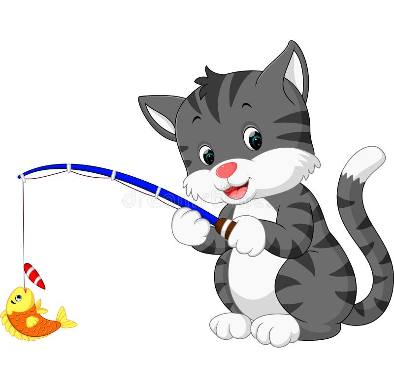 Cute Cat Caught Fish with Fishing Rod Cartoon · Creative Fabrica