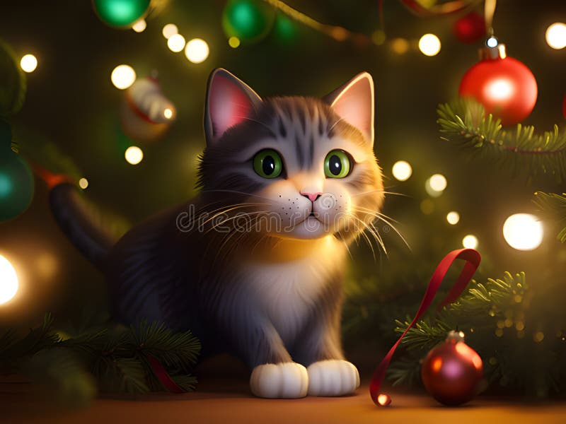 Cute Cat with Christmas Tree at Home Stock Illustration Illustration