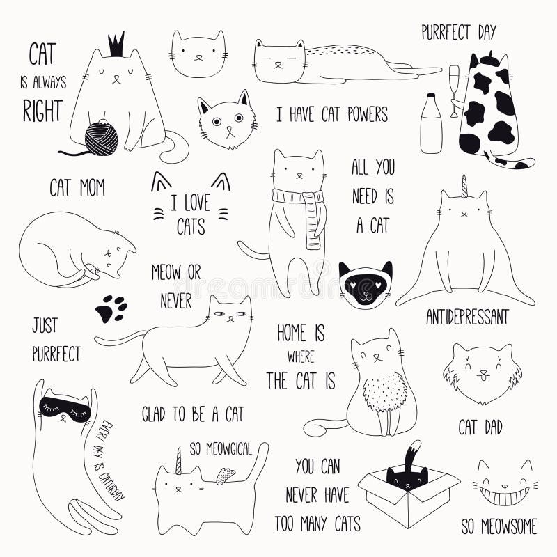 Cute Cat Doodles and Quotes Set Stock Vector - Illustration of kawaii,  horn: 120552855