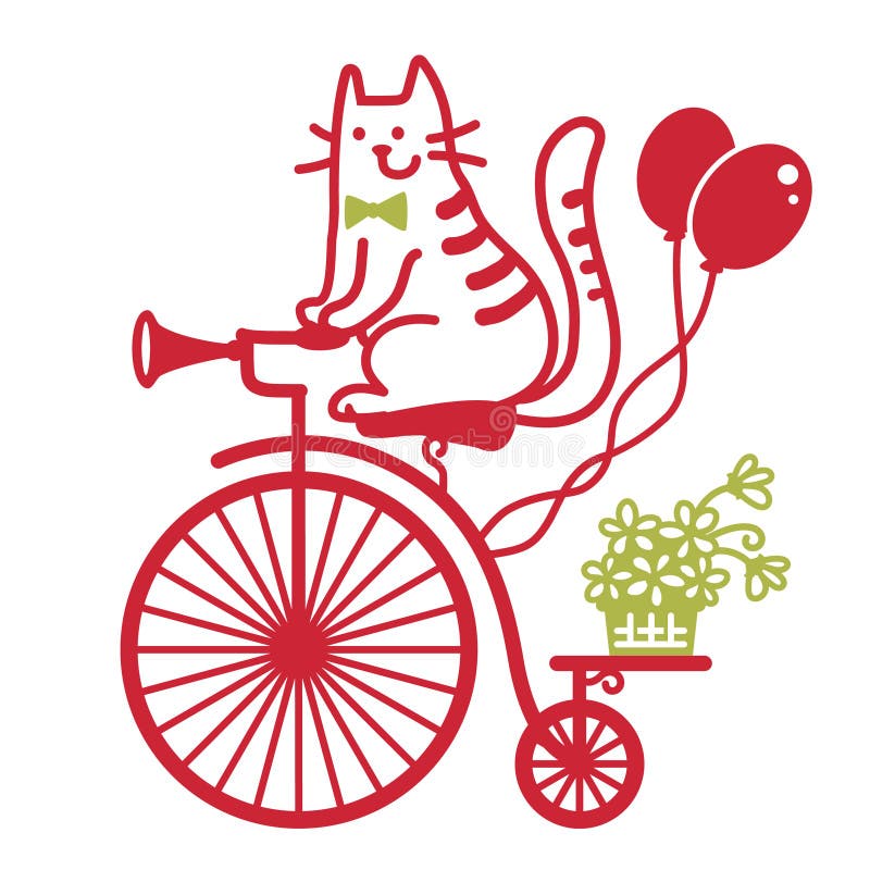 Cute cat drive vintage bicycle. Vector color cartoons illustration of old-style bike silhouette with cat, flowers and ballons for