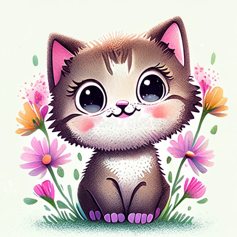 Cute Cat with Flowers. Cute Cartoon Kitten. Vector Illustration Stock ...