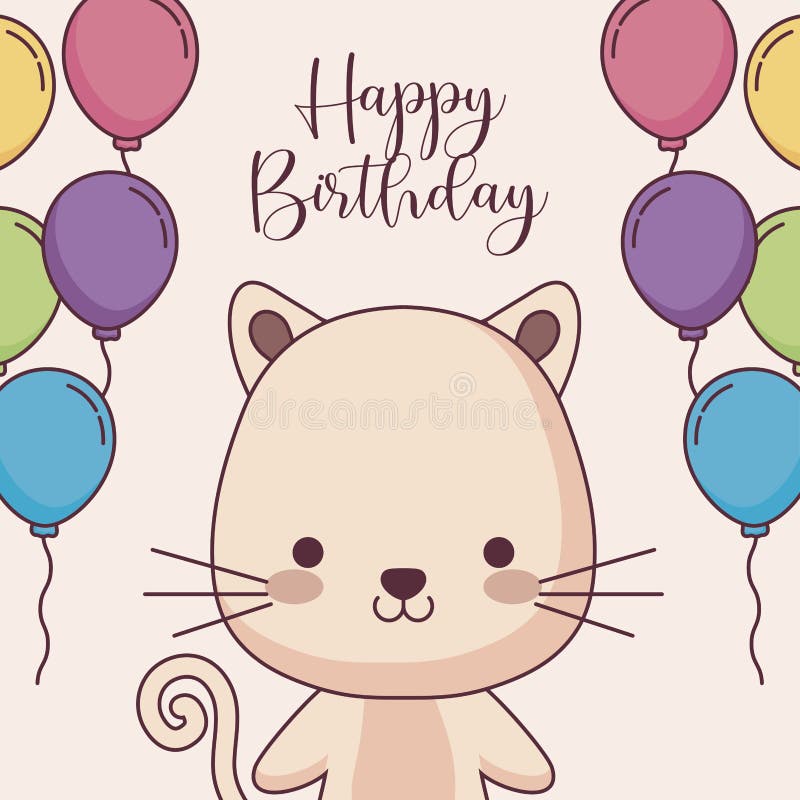 Cute Cat Happy Birthday Card with Balloons Helium Stock Vector ...