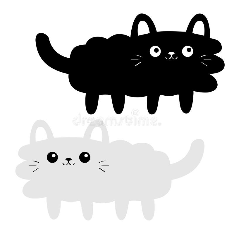 Black Round Fluffy Kitten Icon. Face Head Body, Tail. Cat Fat